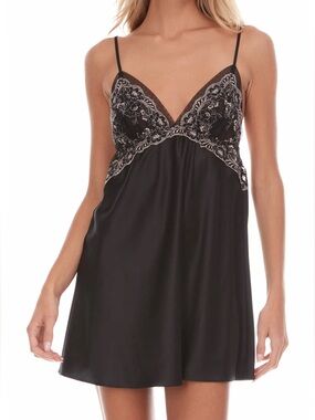 FLORA NIKROOZ LACE TRIM SATIN CHEMISE NIGHTGOWN Black S